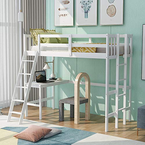 Wooden Twin Size Loft Bed, Rockjame Wood Loft Bed with Under-Bed Desk and Two Ladders for Teens Adult, Loft Twin Bed for Bedroom Dorm Space Saving Design (White)