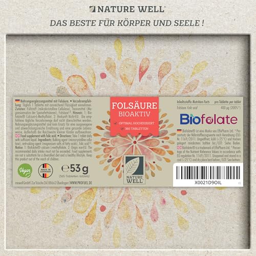 Folsäure BIOAKTIV 400µg - 365 Folsäure Tabletten mit bioaktiver Folsäure (L-5-MTHF) - optimal hochdosiert - Kinderwunsch & Schwangerschaft - laborgeprüft mit Zertifikat - 100% vegan - Jahresvorrat
