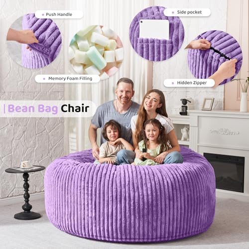 Image of HABUTWAY 6FT Bean Bag Chair, 6' Large Bean Bag Chairs for Adults with Removable Stripe Plush Cover, Memory Foam Beanbag Chair for Living Room Bedroom Dorm,Purple