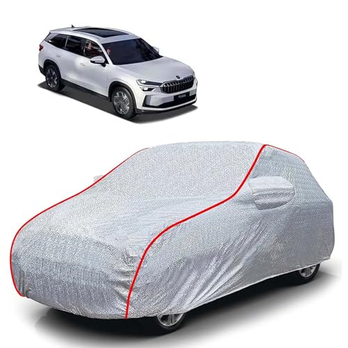 Image of Sulfar 100% Waterproof Car Body Cover Compatible with Mirror for Skoda Kodiaq (Triple Stitched, Full Bottom Elastic, Magic Silver with Red Piping)