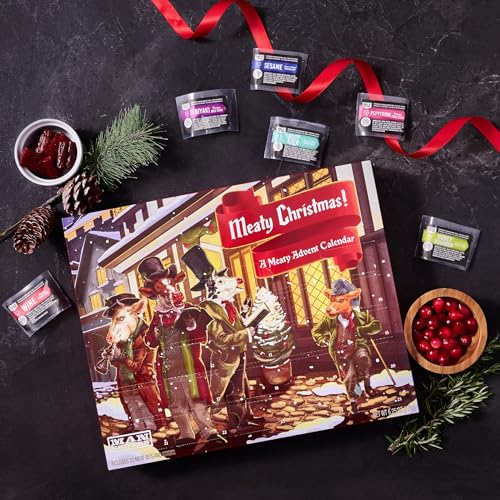 Man Crates Jerky Advent Calendar 2024 Featuring "Cow Caroler" Artwork – Includes 25 Festive Flavors of Beef Jerky – Delicious Flavors Like Orange Habanero, Rootbeer and More