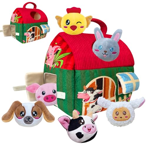 Image of Elfew Farm Animal Baby Toys 6-12 Months, with 6 Small Plush Stuffed Farm Animals(Squeeze & Shake), Soft Toy for Toddlers, Montessori Toys for Babies 6-12 Months, Baby Easter Basket Stuffers