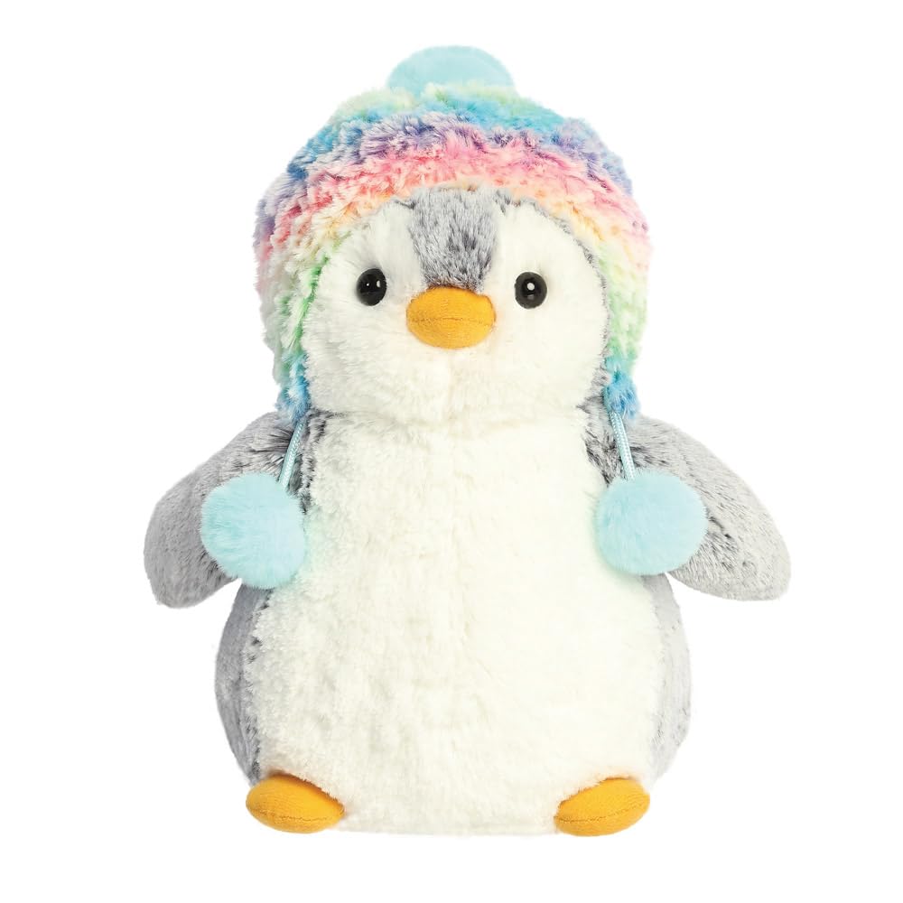 Aurora, 99442, PomPom Penguin Rainbow Beanie 9In, Soft Toy, Grey