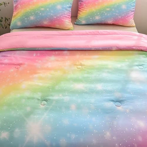Ninenine Pink Rainbow Bedding Set Girls Bedding Set Full For Teen Boys Women Soft Microfiber Stars Glitter Comforter Set -Includes 1 Comforter With Matching Pillowcases… #TOP4