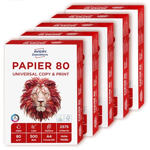 AVERY Zweckform 2575 Drucker-/Kopierpapier (2.500 Blatt, 80 g/m², DIN A4 Papier, für alle Drucker) 1 Box mit 5 Pack, weiß