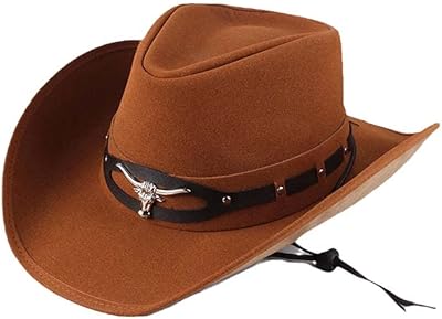Western Cowboy Hats Women Men with Rope Wide Brim Fedora Hat Metal Bull Head Decoration Genuine Leather Jazz Riding Hats for Men Cowhide Yellow(8) M