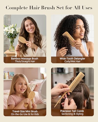 Cepillos de bambú para el cabello seco, set de peines desenredantes y de masaje. 3