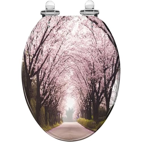 Elongated Toilet Seat cherry tree lined road is beautiful scenery that blooms Resin Toilet Seat Quietly Close Quick Release Hinges Decorative Toilet Seat with Cover Easy to Install