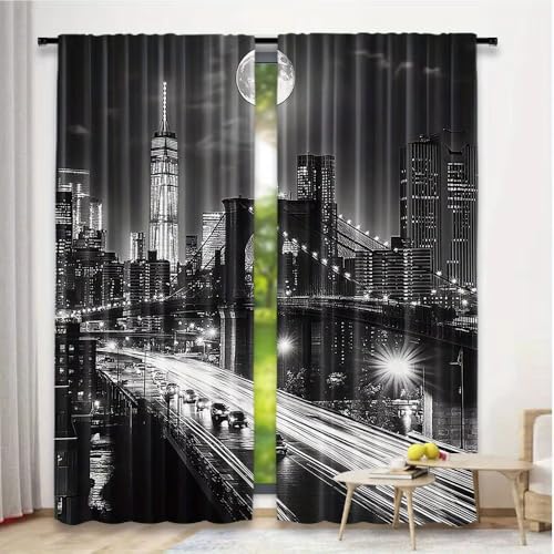 Rideaux occultants à 2 Panneaux, Motif scène Nocturne de New York, Rideaux à œillets pour Salon et Chambre à Coucher (l x H / 2 x 70 x 190 cm)