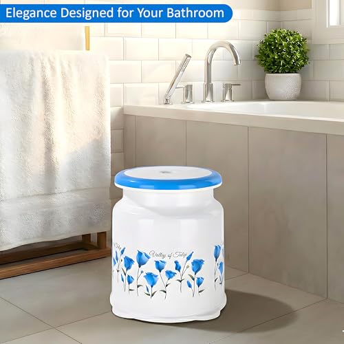 Image of Kuber Industries Strong Plastic Tulip Design Round Seating Stool for Home | Anti-Slip Stool for Adult & Senior Citizen-Friendly Design | White & Blue