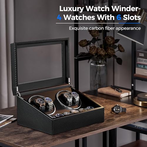 ANWBROAD Watch Winders for Automatic Watches, Automatic Watch Winder with 4 Watch Rotator and 6 Extra Storages, 4 Watch Winder with Japanese Quiet Motor, Luxury Carbon Fiber Watch Winder,UJWW012C2