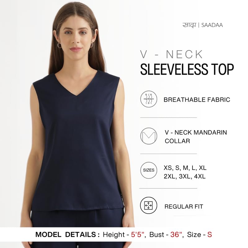 Image of SAADAA V-Neck Tops for Women| Viscose Fabric | Sleeveless Design | Relaxed Fit for Everyday Comfort | Office & Casual Wear