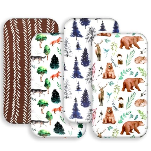 Image of 4 Pack Bassinet Sheets Woodland Forest Animals Wood Neutral Unisex Fitted Baby Bassinet Sheets Set for Standard Bassinets for Baby Boys or Girls