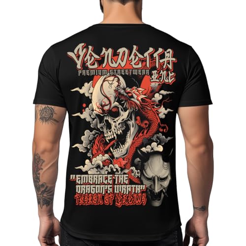 Vendetta Inc. T-shirt pour homme Skullfire Legacy noir, motif de dragon, tête de mort et masque d'Oni, imprimé, taille S à 5XL, Noir , XL