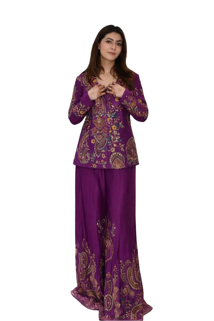 Women Embroidered Chinon Palazzo Set with Jacket and Blouse | Sequins Work Ethnic Co-Ord Set | Free Size Traditional Outfit-image-41