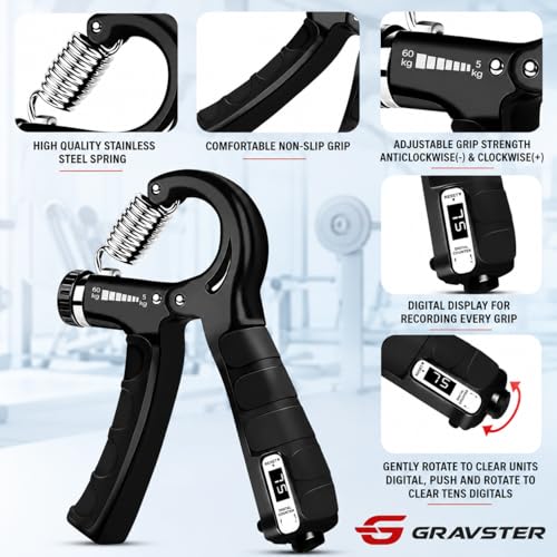 Image of Hand Grip Strengthener with Rep Counter - Adjustable Resistance (5-60 kg) Ergonomic Hand Gripper & Forearm Exerciser for Gym, Home Workout & Wrist Injury Recovery (Black)