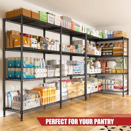 Image of REIBII 61.7''W Storage Shelves Load 1220LBS Wire Shelving Unit 4 Tier Metal Shelving for Storage Rack Shelves Heavy Duty Garage Shelf Pantry Shelves Kitchen Shelving, 61.7 inch W*62.9 inch H*15.8 inch D, Black