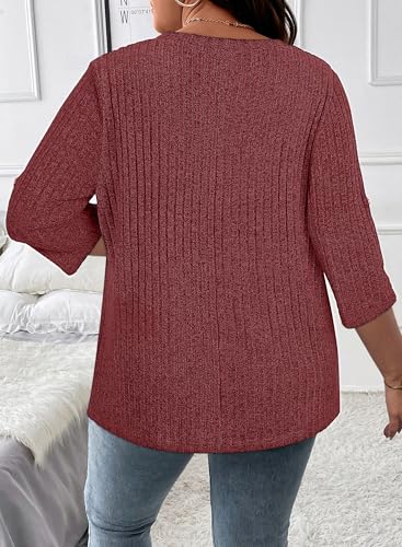 Image of Koscacy Women Plus Size V Neck 3 /4 Roll Sleeve Sweater Casual Knit Tops Solid Color Blouses