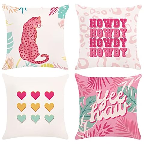 Bonhause Preppy Cushion Covers 45 x 45 cm Pink Leopard Howdy Decorative Throw Pillow Covers Soft Velvet Pillowcases for Dorm College Girls Bedroom Preppy Room Decor Set of 4, 18 x 18 Inch Cover