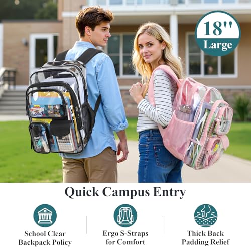 PACKISM 18 Inch Extra Large Clear Backpacks for School Bundle with Reusable Clear Lunch Bag, See Through PVC Transparent Back to School Set, Black (Age 12+)3