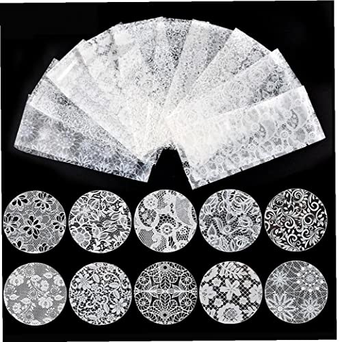 Zonster 10pcs Dentelle Blanche Ongles Clou D'ongles Plumes Définies Floral Charme Ongles Transmission Autocollant Papier Manucure Ongles Décoration...