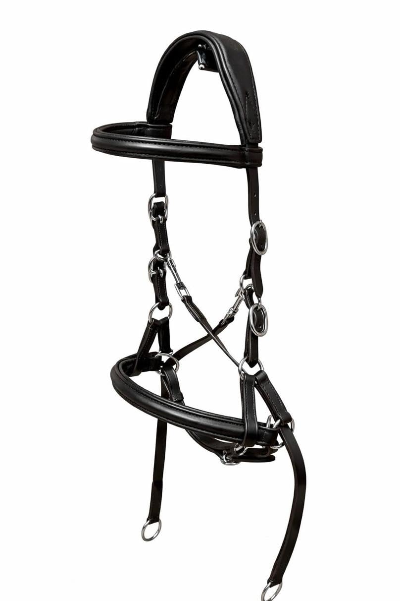 Leather Bitless Bridle Cross Over Side Pull, Black, Padded Headpiece, Stainless Steel Buckles, with Rubber Grip Reins (Black, Full)