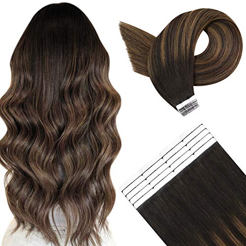 YoungSee Darkest Brown Hair Extensions Tape in Balayage Tape in Human Hair Extensions Remy Hair Darkest Brown Mixed Medium Brown Tape in Hair Extensions Balayage 18 Inch 20pcs 50g