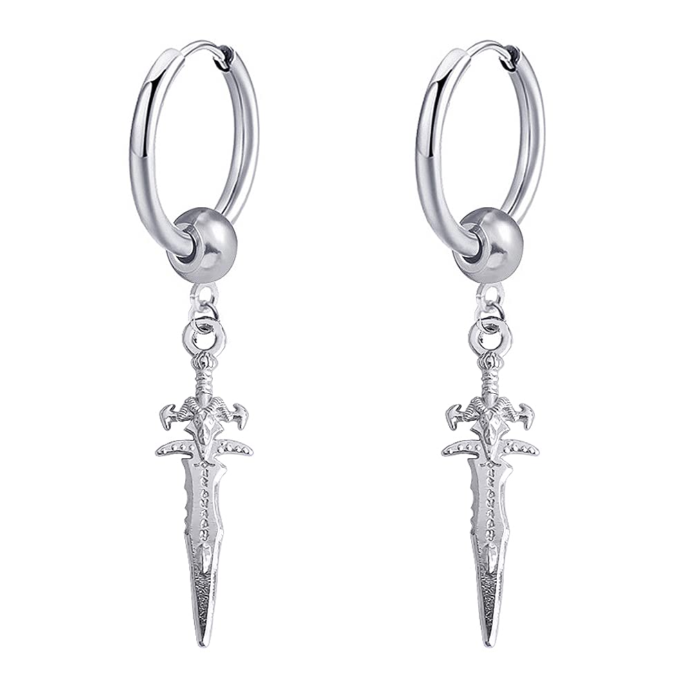Sword Drop Dangle Small Hoop Earrings for Women Men Stainless Steel Engrave Dagger Halloween Statement Charms Drop Dangling Hoops Cuff Cartilage Wrap Vintage Punk Pray Jewelry, Small, Metal, No