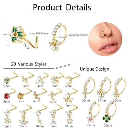 20Pcs 20G Dangle Nose Rings Gold Nose Studs L Shaped Gold Nose Hoop Hypoallergenic Stainless Steel Nose Piercings CZ Flower Moon Butterfly Star Leaf Dangling Nose Jewelry for Women2
