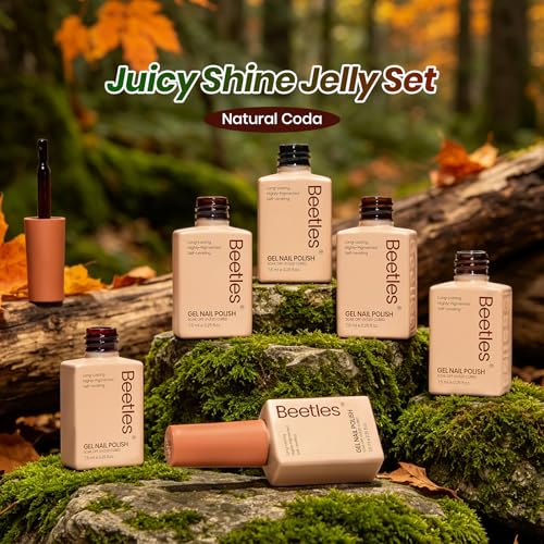 Image of Beetles Jelly Gel Nail Polish Set - Natural Coda 6 Colors Dark Gel Nail Polish Kit Brown Green Black Teal Burgundy Red Sheer Translucent Effect Soak off UV Blooming Nail Art DIY at Home Gift