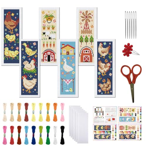 Image of FREEBLOSS 6 Set Cross Stitch Bookmark Kit for Beginner Adults Farm Animal Stamped Embroidery Bookmark Kits Cross Stitch Kits with Instruction Bookmarks Making Kit for Book Lovers 8x2.4in /20x6cm