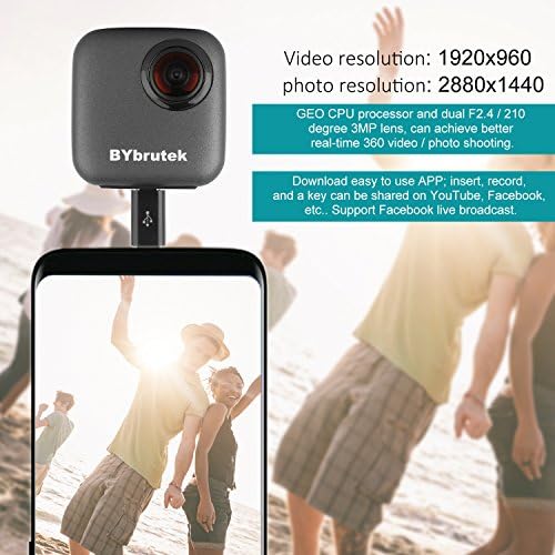 360 Degree Video Camera for Android 5.0 or Above Smartphone, BYbrutek High Resolution VR Video Panoramic Camera, Instantly View & Share to Social Media, Type-C Adapter Included