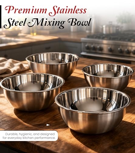 Image of Tromso Stainless Steel Mixing Bowl Set for Kitchen 600ml 2500ml 3600ml 6300ml, Set of 4 Deep Steel Bowls, Mixing Bowl Stainless Steel, Large Steel Mixing Bowl for Baking, Kneading, Serving, Silver