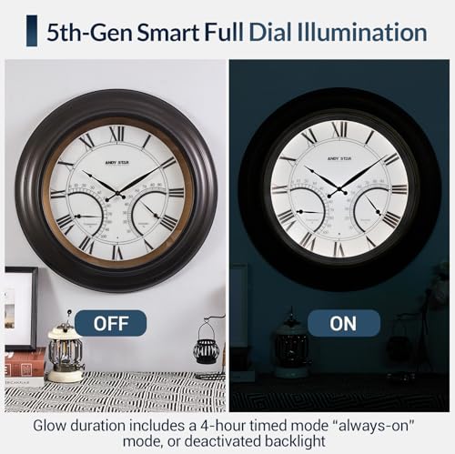 ANDY STAR 24 Inch Outdoor Clocks Waterproof,Large Outdoor Wall Clocks for Patio with Thermometer, Weatherproof Illuminated Clock Battery Operated with Thermometer&Hygrometer,Oil Rubbed Bronze Black - Image 4