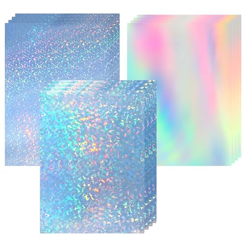 12 Hojas de 3 Tipos Papel Adhesivo Holográfico Papel Transparente, A4 Vinilo Holográfico Adhesivo para Bricolaje Purpurina Manualidades Decoración(29.7 * 21cm)