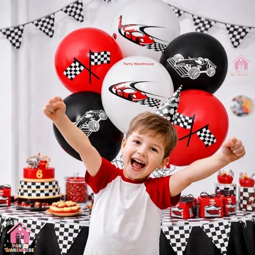 Image of Party Warehouse Racing Car Balloon Set for Birthday - 5Pcs | Race Theme Foil Balloons for Race Lovers | Tyre & Checkered Flag Balloons for Kids /Adults Party Decorations | Red, Black & White