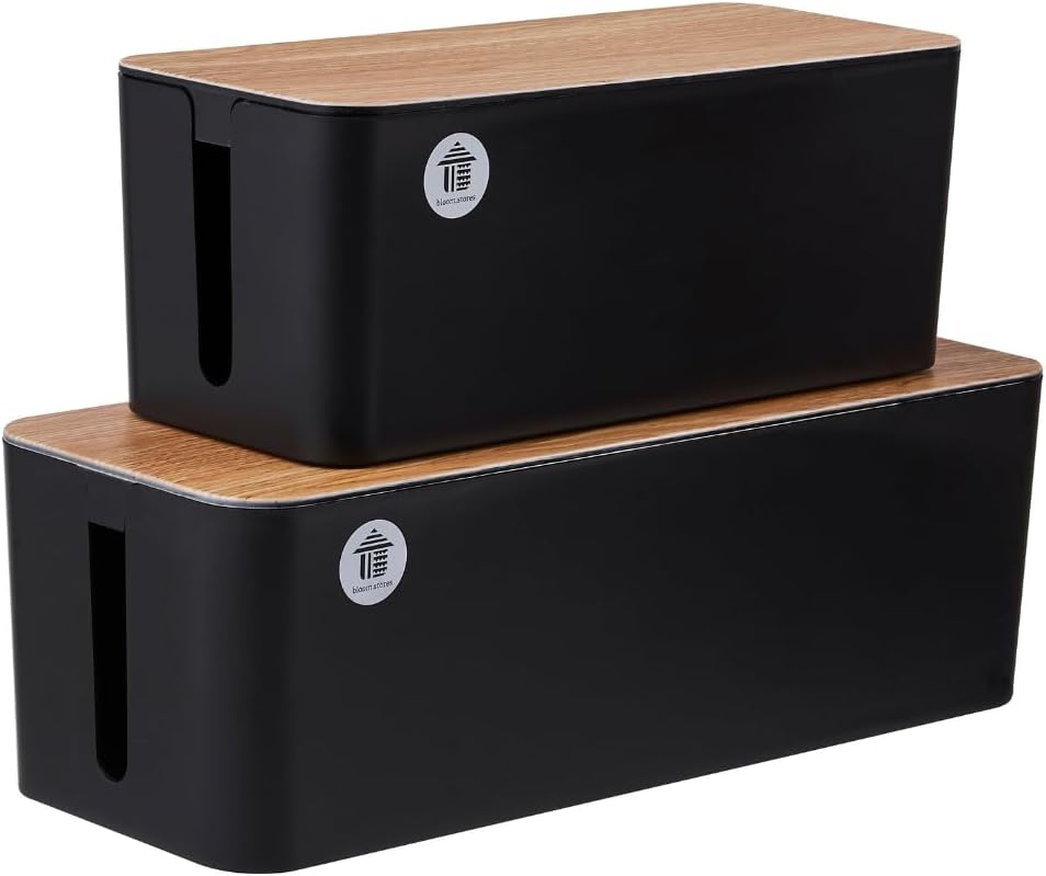 HOME 360 Bloom.Stores Cable Management Boxes Set of 2 Large Extension Cable Organizer Box with Slotted Top for Heads Up Display - Elegant, Strong, High Utility (Combo (XL + Large), Black Bamboo)