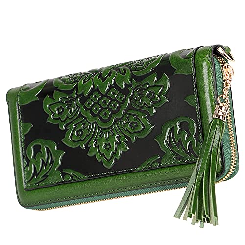 PIJUSHI Leather Wallets For Women Floral Wristlet Wallet Card Holder Purse (91853 Green)2