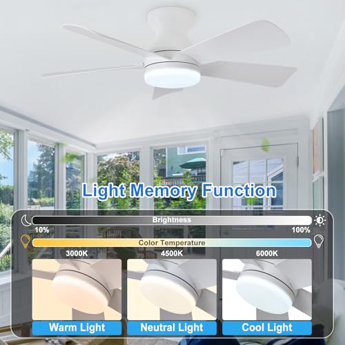 Image of Depuley White Ceiling Fans with Lights: 5 Blade Modern Flush Mount Low Profile Ceiling Fan for Bedroom Porch - 35 Inch Indoor Outdoor Ceiling Fan with Remote Control Dimmable Quiet Timer - 2 Packs