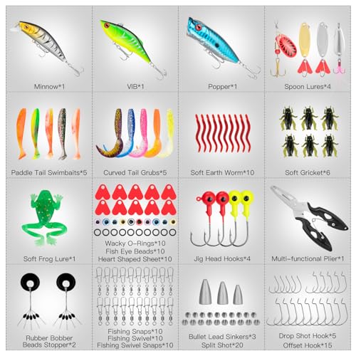 WITOROR Fishing Lures, 144Pcs Tackle Box Included Crankbaits, Spoon, Hooks, Jigs, Weights and More Other Accessories, Fishing Bait Lure Gear Teasers Kit Gifts for Men Bass Freshwater