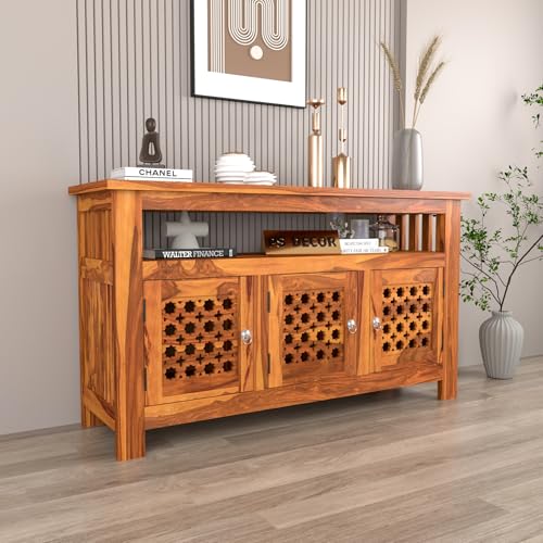 Image of Solid Sheesham Wood TV Unit Cabinet with Carved Doors | Wooden Entertainment Unit for Living Room | Multipurpose Sideboard for TV, Decor & Home Organization (Honey Finish)