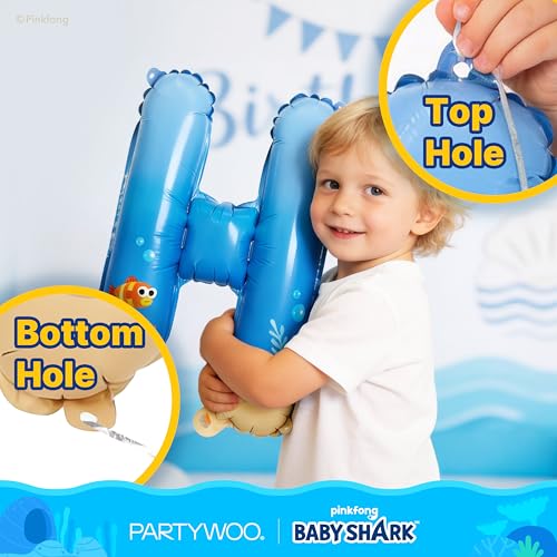 Image of PartyWoo Baby Shark Blue Happy Birthday Banner Letter Balloons 16 Inch Blue Mylar Foil Letter Balloons for Boys and Girls Baby Shark Under the Sea Ocean Theme Kids Birthday Party Decorations