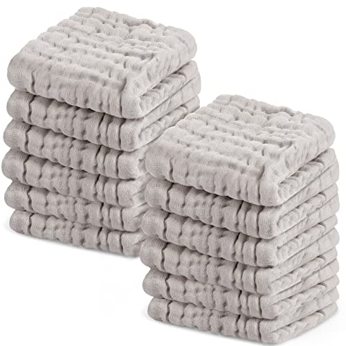 Image of 12 Pack Baby Muslin Washcloths Muslin Cotton Infant Wipes Soft Hand Towels for Sensitive Skin Newborn Face Cloths Bath Supplies for Baby Shower Gift, 12 x 12 Inches(Gray)