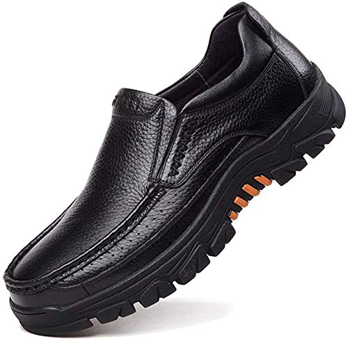2023 Mens Cow Leather Shoes Fashion Genuine Waterproof Comfy Non Slip Soft Slip On Casual Oxfords (Black,10)