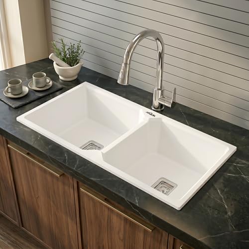 Image of ARQUIN Double Bowl Quartz Kitchen Sink 45x20x9 Inch White| Durable & Scratch-Resistant Sink | Undermount,Topmount | Including Coupling,Sink Connector,Waste Pipe & Fruit Washing Basket