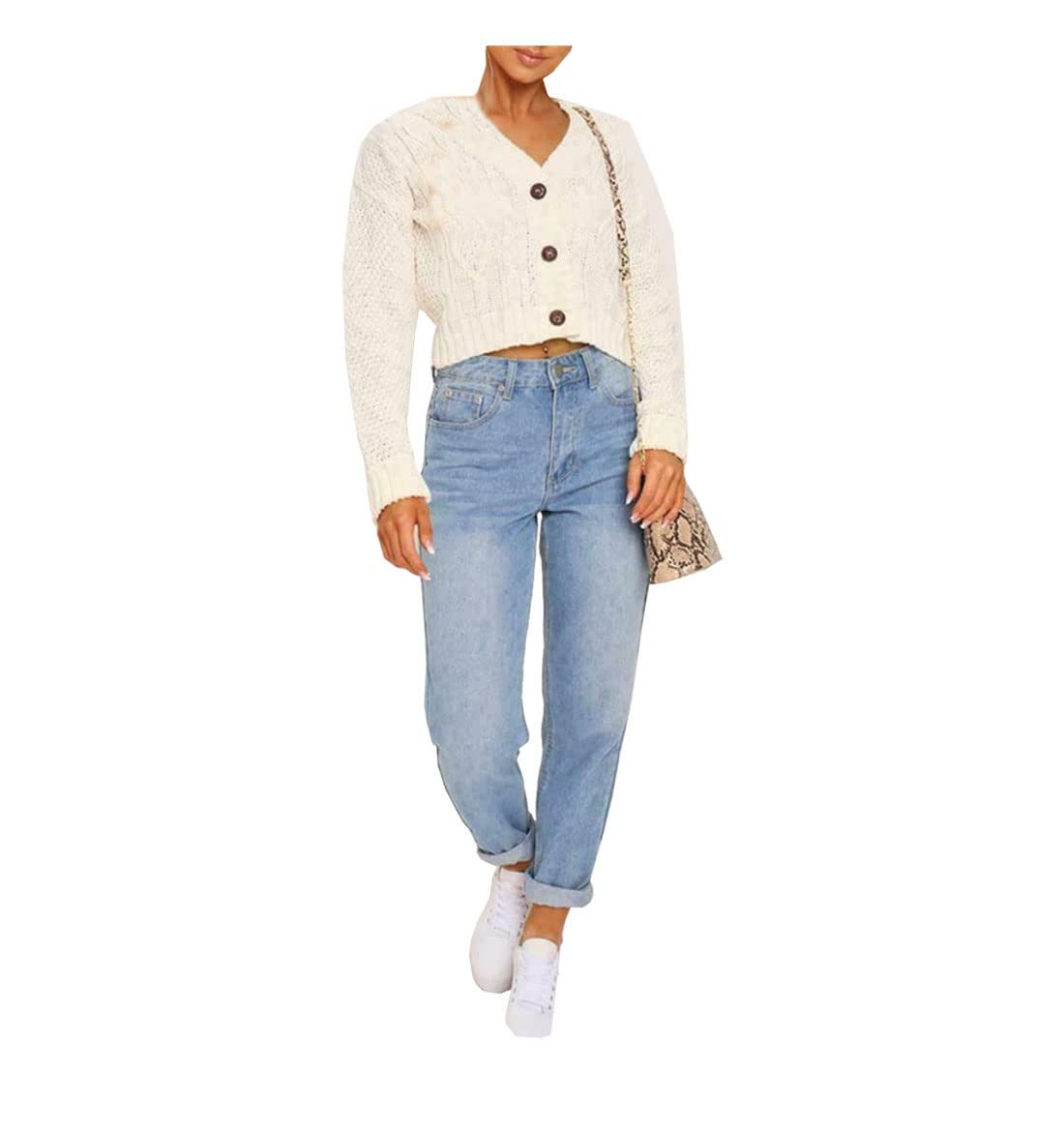 METLUQ M0D4 Women's Chunky Cable Knitted Cardigan 3 Button Long Sleeves Short Crop Tops UK