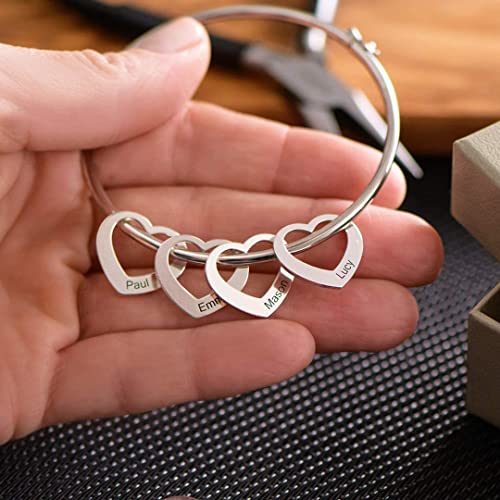 Mynamenecklace Myka - Personalized Bracelet Bangle With Heart Pendants - Custom Made Multiple Pendant Jewelry Wife Women Christmas Gift (Sterling Silver) #TOP1