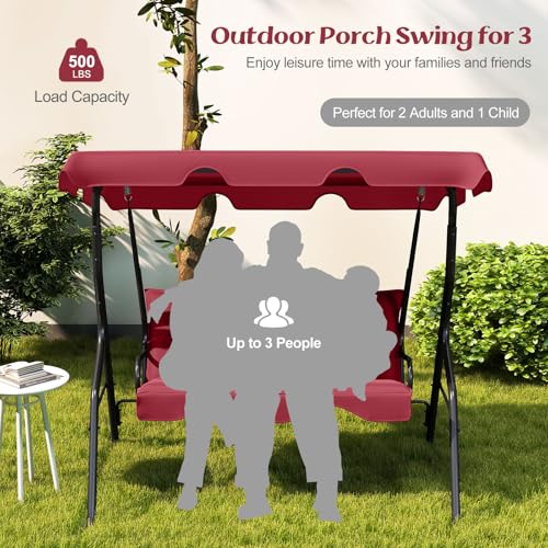 Image of Tangkula 3 Person Porch Swing, Patio Swing with Removable Cushion & Powder-Coated Steel Frame, Outdoor Swing with Canopy for Porch, Backyard, Garden, Balcony (Wine)