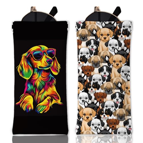 GLOBLELAND 2 Unidades Estuche para Gafas de Perro Salchicha, Funda Suave de Dachshund Colorido, Bolsa de Viaje de PU con Cierre para Gafas, Relojes y Maquillaje, Diseño Kawaii