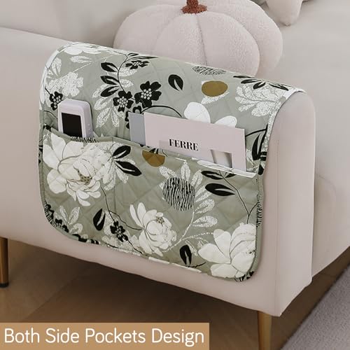 Image of HOKIPO 'Elira Series' Digitally Printed Water Repellent + Waterproof Sofa Armrest Cover with Pockets (2Pcs) - Feather Brown Floral (AR-5251-C1*2)